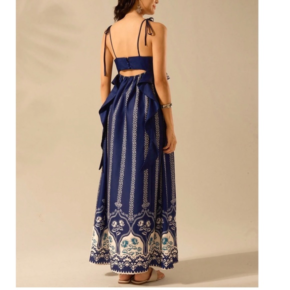 Boho Navy Blue floral Print Cut out Ruffle Maxi Dress - Picture 3 of 9
